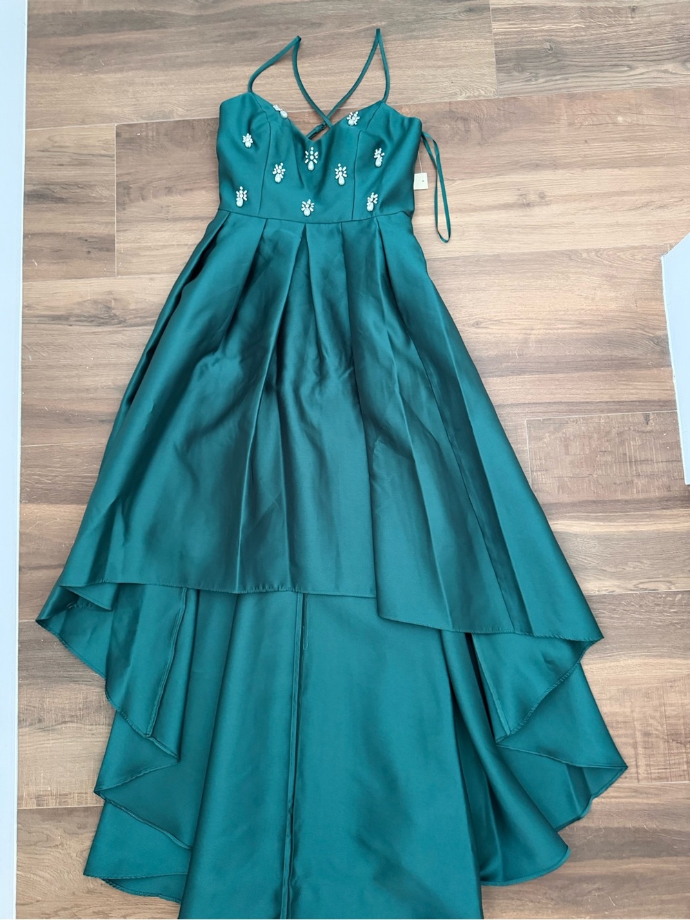 Eliza J Emerald Green Satin High-Low Party Dress with Embellished Bodice